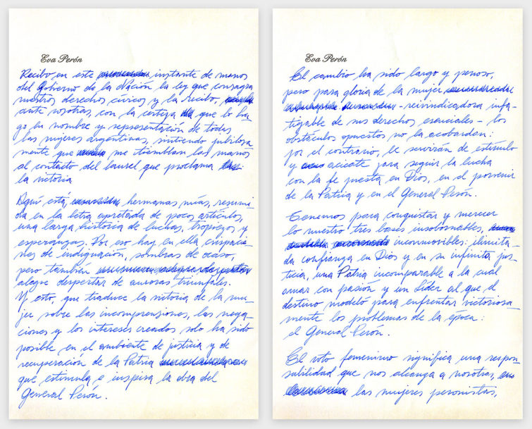 Dos hojas de borrador realizadas por Fabián Sanguinetti emulando la escritura de Eva Perón para la ambientación de la Sala Eva del CCK.